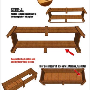 Puede incluir: Un diagrama de instrucciones para construir una jardinera de madera, mostrando el paso 4 con el texto: STEP 4. Fasten ledger strip flush to bottom picket with glue. Incluye ilustraciones del ensamblaje del marco de madera, flechas rojas y el texto: Filler piece required. Size varies. Measure, rip, install.