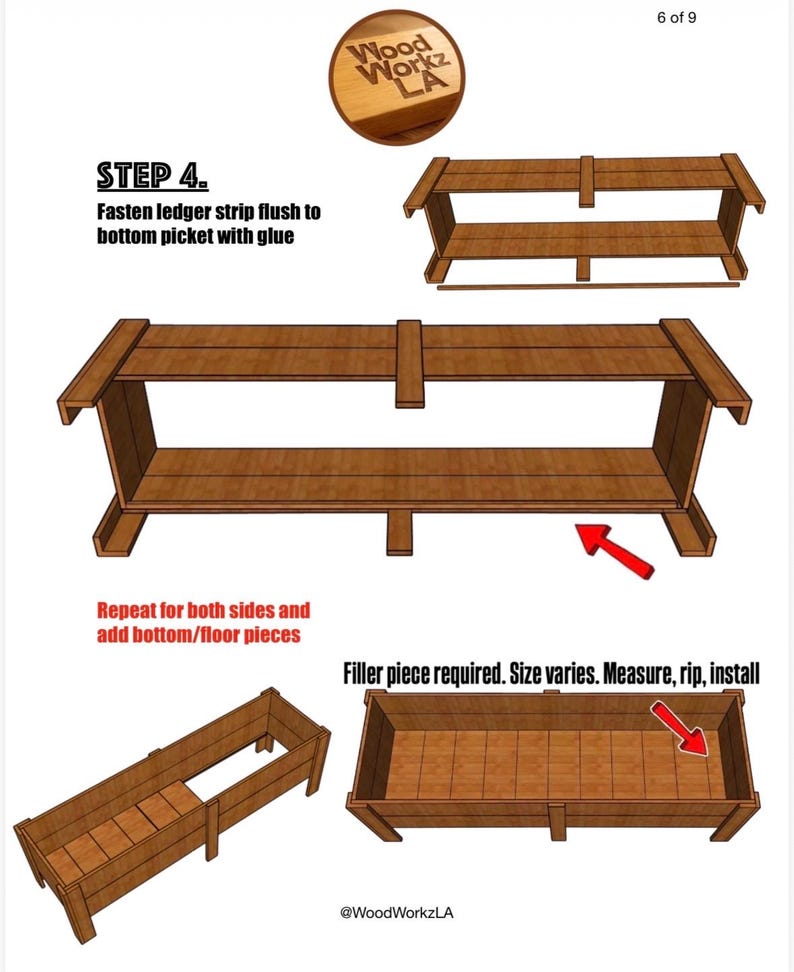 Puede incluir: Un diagrama de instrucciones para construir una jardinera de madera, mostrando el paso 4 con el texto: STEP 4. Fasten ledger strip flush to bottom picket with glue. Incluye ilustraciones del ensamblaje del marco de madera, flechas rojas y el texto: Filler piece required. Size varies. Measure, rip, install.