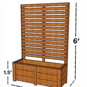 May include: A wooden planter box with a trellis, ideal for climbing plants. The planter is 4 feet long, 1.5 feet wide, and 1.5 feet high. The trellis extends 6 feet high. The wood has a natural finish.