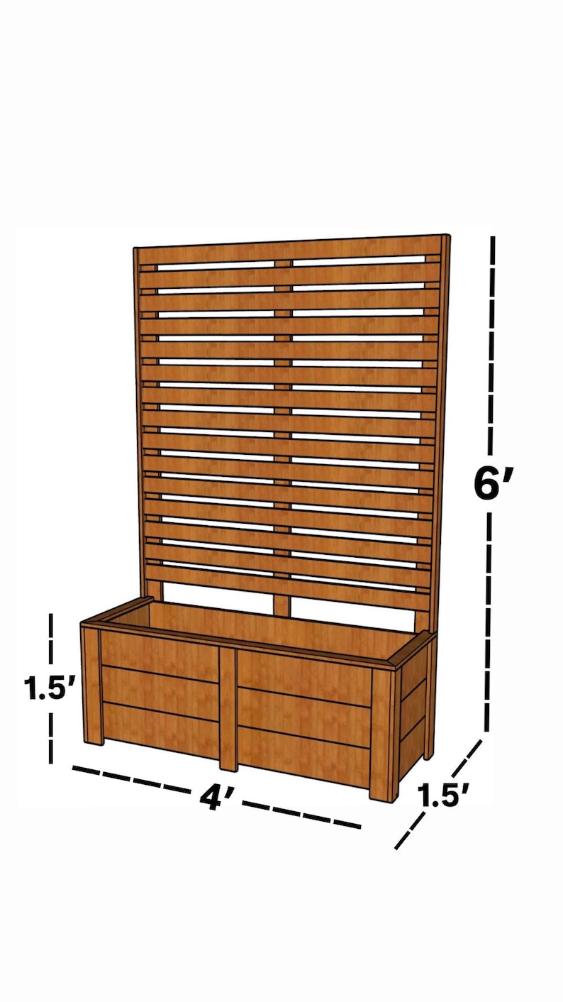 May include: A wooden planter box with a trellis, ideal for climbing plants. The planter is 4 feet long, 1.5 feet wide, and 1.5 feet high. The trellis extends 6 feet high. The wood has a natural finish.