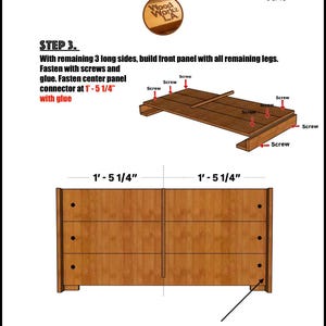 Puede incluir: Una p&aacute;gina de instrucciones de carpinter&iacute;a digital titulada 3x6PrivacyScreenPlansPDF que muestra el paso 3 para construir un panel frontal. El diagrama ilustra tablas de madera, tornillos y colocaci&oacute;n de pegamento con medidas de 1'- 5 1/4".