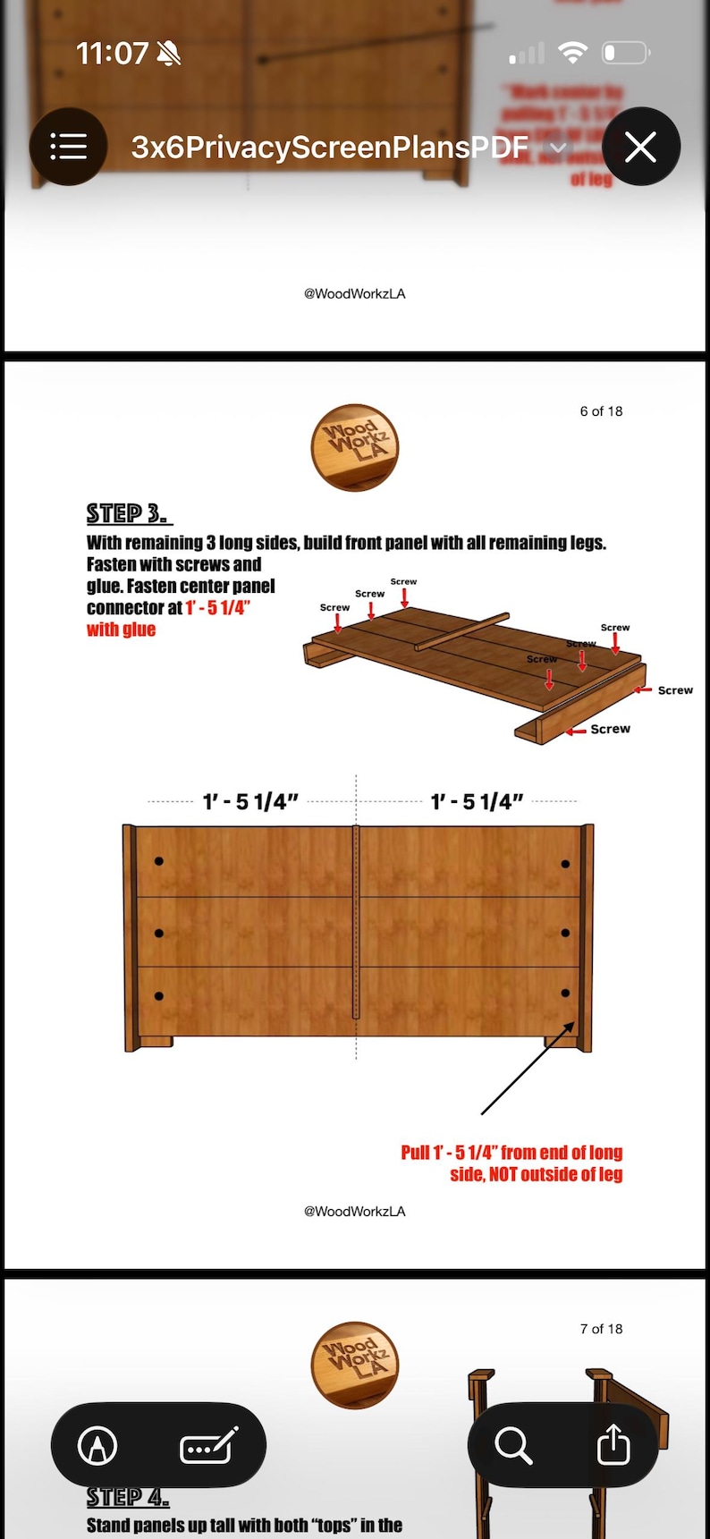 Puede incluir: Una p&aacute;gina de instrucciones de carpinter&iacute;a digital titulada 3x6PrivacyScreenPlansPDF que muestra el paso 3 para construir un panel frontal. El diagrama ilustra tablas de madera, tornillos y colocaci&oacute;n de pegamento con medidas de 1'- 5 1/4".
