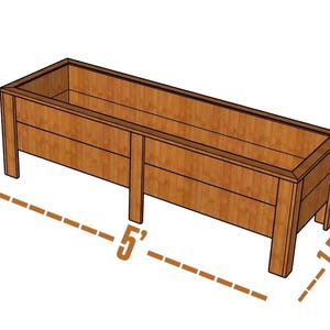 Puede incluir: Una jardinera rectangular de madera con cuatro patas y acabado de veta natural. Las dimensiones est&aacute;n claramente marcadas como 1.5 pies de altura, 5 pies de largo y 1.5 pies de ancho, indicadas mediante l&iacute;neas discontinuas y texto.