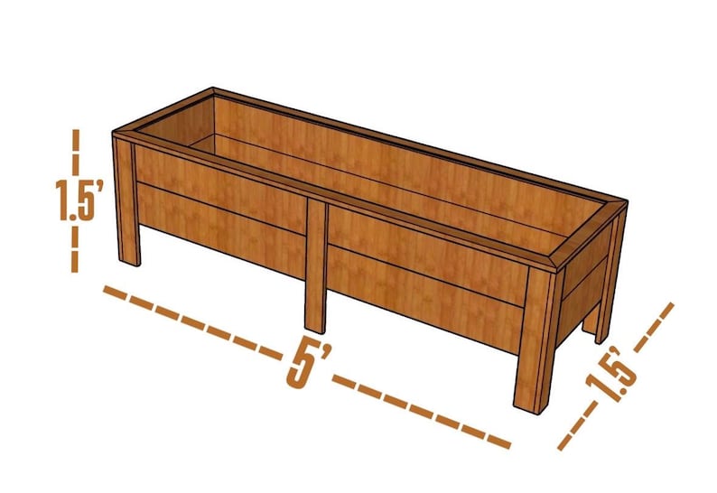 Puede incluir: Una jardinera rectangular de madera con cuatro patas y acabado de veta natural. Las dimensiones est&aacute;n claramente marcadas como 1.5 pies de altura, 5 pies de largo y 1.5 pies de ancho, indicadas mediante l&iacute;neas discontinuas y texto.