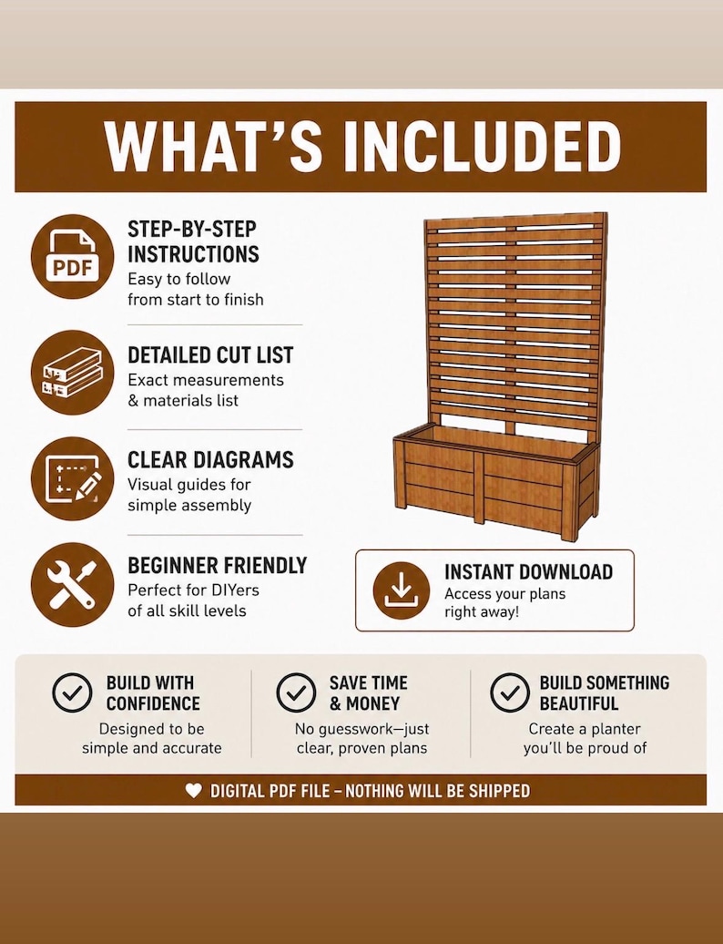 May include: A digital PDF plan for a wooden planter with a trellis. The image includes step-by-step instructions, a detailed cut list, and clear diagrams. The text says "What's Included" and "Instant Download".
