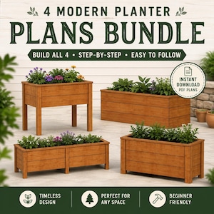 Peut inclure: Image de quatre jardinières en bois remplies de plantes. Le texte indique "4 Modern Planter Plans Bundle" et "Build All 4 Step-by-Step Easy to Follow". Les jardinières sont de tailles et de formes variées, avec des fleurs et de la verdure.