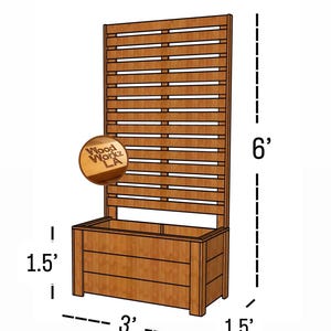 Puede incluir: Una jardinera de madera marr&oacute;n con un enrejado vertical adjunto. La estructura mide 3 pies de ancho, 1,5 pies de profundidad y 6 pies de alto. Un logotipo circular con el texto Wood Workz LA es visible en el lado superior izquierdo del panel.
