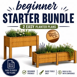 Könnte beinhalten: Bild von zwei hölzernen Pflanzkästen, die mit Pflanzen gefüllt sind. Der Text lautet "beginner STARTER BUNDLE" und "2 EASY PLANTER PLANS". Zusätzlicher Text enthält "EASY TO BUILD PDF PLANS", "BEGINNER FRIENDLY" und "BASIC TOOLS ONLY".