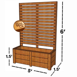 Puede incluir: Una ilustraci&oacute;n digital de una jardinera con pantalla de privacidad de madera con listones horizontales. El texto dice PRIVACY SCREEN PLANTER PLANS y SIMPLIFIED & EASY TO FOLLOW GUIDE. Las dimensiones son 1,83 m, 1,52 m y 0,46 m.
