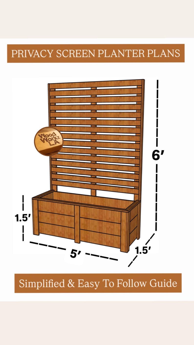 Puede incluir: Una ilustraci&oacute;n digital de una jardinera con pantalla de privacidad de madera con listones horizontales. El texto dice PRIVACY SCREEN PLANTER PLANS y SIMPLIFIED & EASY TO FOLLOW GUIDE. Las dimensiones son 1,83 m, 1,52 m y 0,46 m.