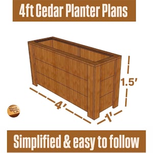 Può includere: Una fioriera in cedro di 122 cm di lunghezza, 30 cm di larghezza e 46 cm di altezza. Il testo "4ft Cedar Planter Plans" e "Simplified & easy to follow" sono visualizzati. La fioriera è in legno.