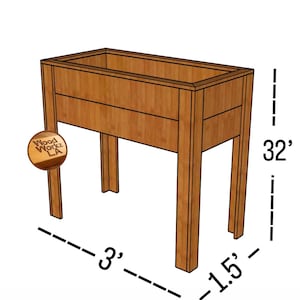 Puede incluir: Una jardinera rectangular de madera sobre cuatro patas con el logotipo de Wood Workz LA. Las dimensiones indicadas son 3 pies de largo, 1,5 pies de ancho y 32 pulgadas de alto. La estructura es de madera marr&oacute;n claro con veta visible.