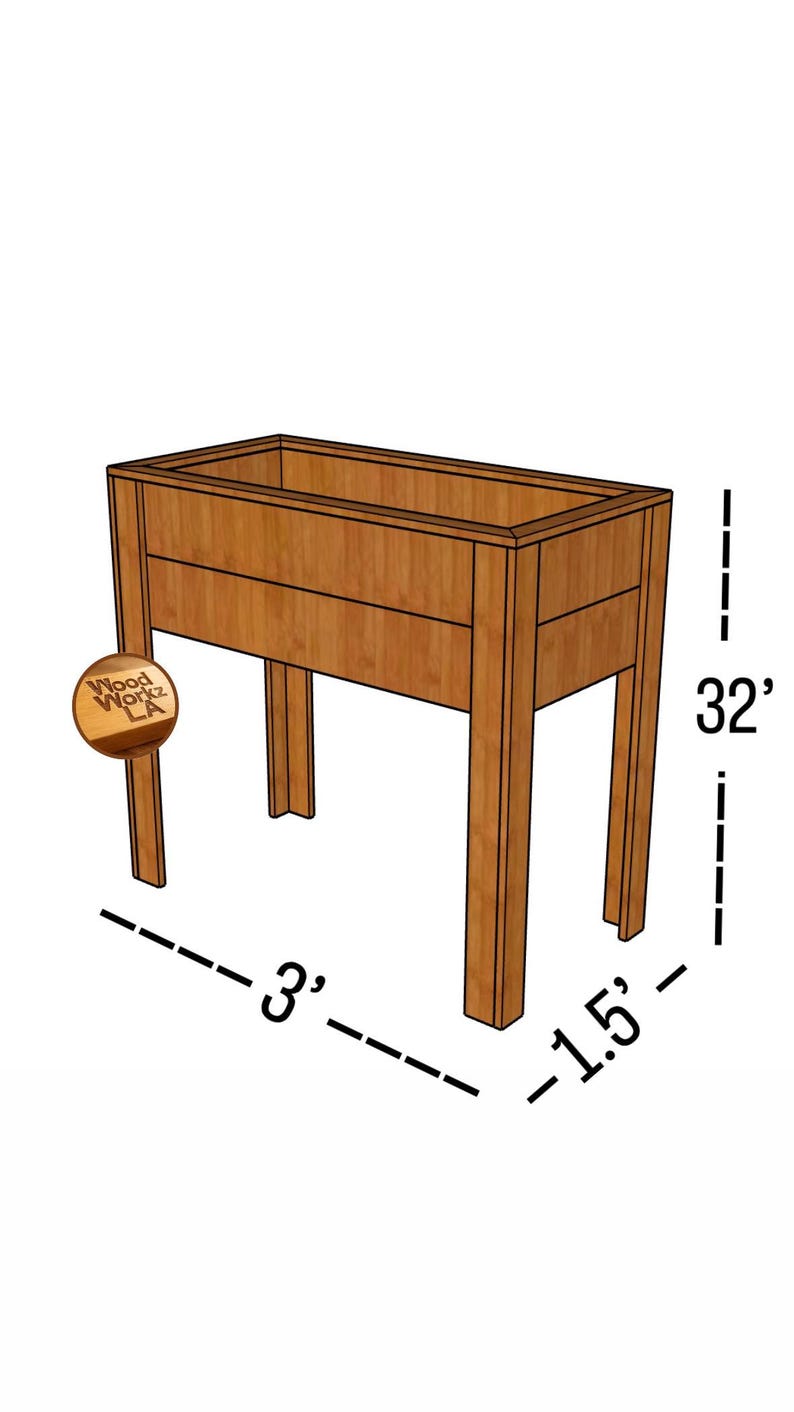 Puede incluir: Una jardinera rectangular de madera sobre cuatro patas con el logotipo de Wood Workz LA. Las dimensiones indicadas son 3 pies de largo, 1,5 pies de ancho y 32 pulgadas de alto. La estructura es de madera marr&oacute;n claro con veta visible.