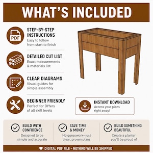 Puede incluir: Un archivo PDF digital que contiene planos de carpinter&iacute;a para una jardinera rectangular de madera sobre cuatro patas. El gr&aacute;fico incluye texto que detalla instrucciones paso a paso, una lista de corte, diagramas y descarga instant&aacute;nea.