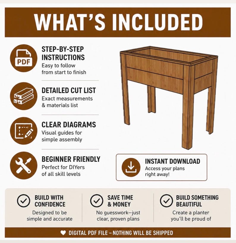 Puede incluir: Un archivo PDF digital que contiene planos de carpinter&iacute;a para una jardinera rectangular de madera sobre cuatro patas. El gr&aacute;fico incluye texto que detalla instrucciones paso a paso, una lista de corte, diagramas y descarga instant&aacute;nea.