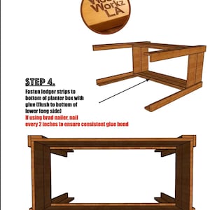 Puede incluir: Un diagrama de instrucciones de carpinter&iacute;a etiquetado como STEP 4, que muestra el montaje de una jardinera de madera. Incluye instrucciones de texto para fijar listones con pegamento y clavos cada 5 cm, junto con un logotipo de Wood Workz LA.