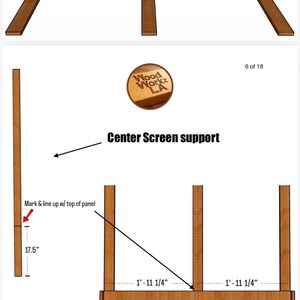May include: Diagram of a wooden structure with angled legs and a rectangular top, showing screw placement and dimensions. The text "Flush" and "Center Screen support" are visible. The dimensions are in inches.