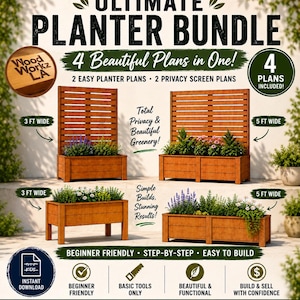 Puede incluir: Un gráfico digital para un Ultimate Planter Bundle que presenta cuatro diseños de maceteros de madera, incluidos dos con pantallas de privacidad. El texto incluye 4 Beautiful Plans in One, 3 FT Wide, 5 FT Wide e Instant Download.