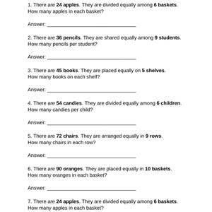 Può includere: Un foglio di lavoro bianco intitolato "100 Problemi di divisione" con sette problemi di matematica. Ogni problema include un problema di parole e uno spazio per la risposta. I problemi riguardano la divisione di mele, matite, libri, caramelle, sedie e arance.