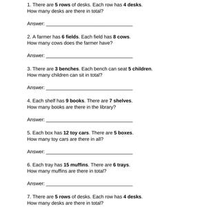 Puede incluir: Una hoja de trabajo blanca titulada "100 Problemas de Multiplicación" con problemas de matemáticas y espacios para respuestas. Los problemas involucran escritorios, vacas, bancos, libros, coches de juguete y magdalenas.