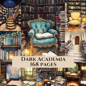 Könnte beinhalten: Eine Collage von Bildern, die eine Bibliothek mit dem Thema Dark Academia zeigt. Die Bilder zeigen Bücherregale, eine Wendeltreppe, einen türkisfarbenen Sessel und den Text "DARK ACADEMIA 168 PAGES".