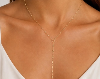 Lariat-Halskette, wasserfeste, goldgefüllte Y-Halskette, zierliche Tropfenhalskette, anlaufgeschützter Schmuck zum Kombinieren, minimalistisches Geschenk für Sie