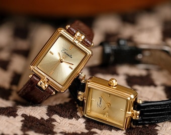 Vintage Gold timeless Leather Strap Watch – Woman’s Retro Minimalist Wrist Watch Jewelry Gift