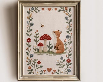Impressão em ponto cruz de raposa e cogumelo | Arte folclórica para quarto de bebê com tema de floresta (sem moldura)