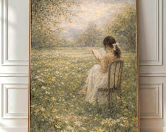 Impressão vintage impressionista de uma menina lendo, arte de parede estilo cottagecore com campo floral (sem moldura)