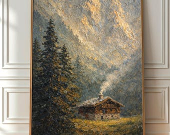 Paisagem de cabana na montanha, impressão de pintura a óleo texturizada - Decoração rústica de luxo (sem moldura)