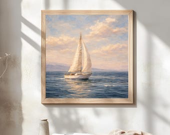 Sailboat Ocean Wall Art Printable, Coastal Painting, Nautical Beach House Decor (Digital Download)