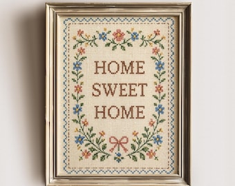 Quadro decorativo vintage em ponto cruz floral "Lar Doce Lar" (sem moldura, produto físico)