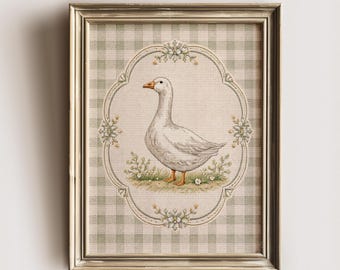 Kit para imprimir em ponto cruz de ganso vintage, arte folclórica de fazenda, decoração de cozinha estilo cottagecore (download digital)