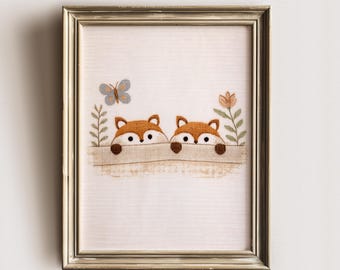 Kit para imprimir em ponto cruz de raposa da floresta, arte folclórica para decoração de quarto infantil (download digital)