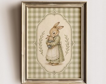 Ilustração de mãe e filhote de coelho, arte de parede imprimível com coelhinhos, estilo vintage, download digital.