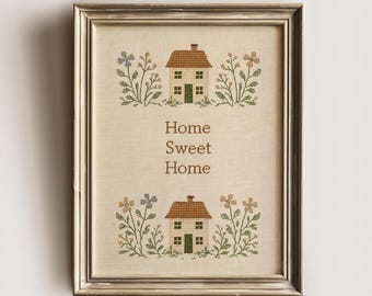 Arte em Ponto Cruz "Lar Doce Lar", Amostra Vintage de Decoração Folclórica (Download Digital)