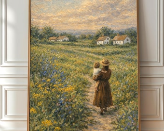 Quadro para imprimir com tema de mãe e filho, pintura de caminho em vila campestre, estilo casa de campo, download digital.