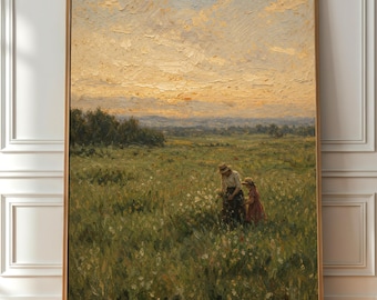 Pintura de pôr do sol no prado com mãe e filha, arte de parede com paisagem campestre (download digital)
