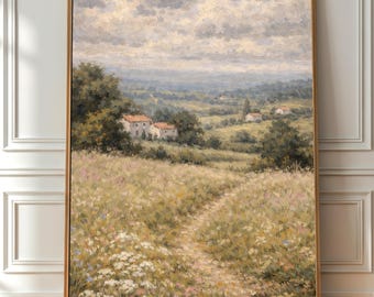 Arte de parede imprimível com paisagem toscana, decoração campestre estilo cottagecore, cenário europeu vintage, download digital em PDF.