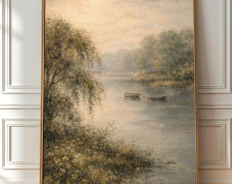 Arte de parede para imprimir com tema de lago sereno, decoração de paisagem natural tranquila, arte neutra estilo cottagecore, download digital.