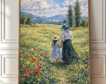 Pintura a óleo de mãe e filha em um campo de flores silvestres, paisagem floral em estilo cottagecore (download digital)