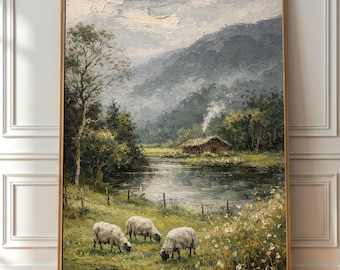 Impressão de pintura a óleo de paisagem com ovelhas em fazenda, arte de parede rústica com cabana à beira do lago (download digital)