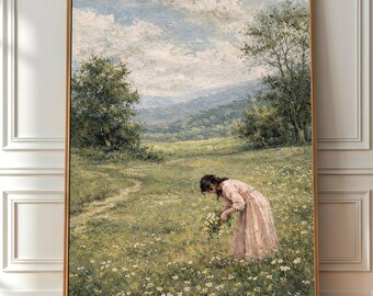 Arte de parede estilo Cottagecore Girl para imprimir, pintura de campo de flores silvestres, decoração de paisagem feminina, download digital