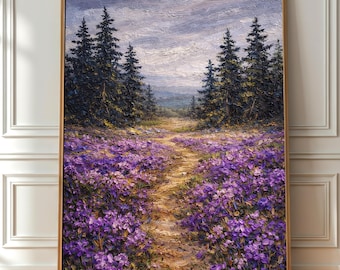 Pintura a óleo Caminho de Lavanda, Decoração de Parede com Paisagem Floral Roxa (Download Digital)