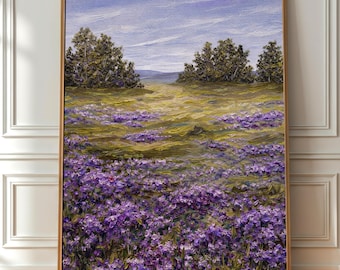 Pintura impressionista de um campo de lavanda, arte de parede com paisagem floral (download digital)
