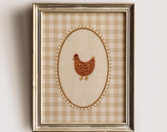 Bordado folclórico vintage de galinha, decoração para cozinha de fazenda (download digital)