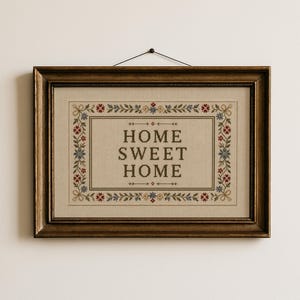Lámina decorativa de estilo vintage con la frase "Hogar dulce hogar" (no es un patrón de punto de cruz).