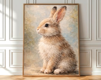 Easter Bunny Printable Wall Art, Vintage Rabbit Painting Print, Neutral Art, Digital Download