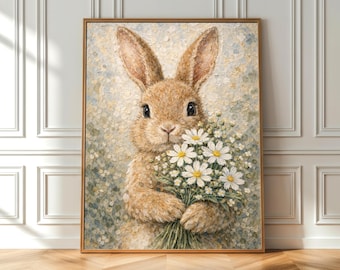 Bunny Daisy Wall Art Printable PDF — Easter Cottagecore Decor, Floral Rabbit Poster, Neutral Farmhouse