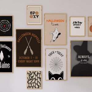Puede incluir: Una colecci&oacute;n de l&aacute;minas art&iacute;sticas enmarcadas con tem&aacute;tica de Halloween. Las l&aacute;minas presentan varios dise&ntilde;os, incluyendo una calabaza, fantasmas, siluetas de brujas y textos como "Spooky Vibes" y "Trick or Treat". La paleta de colores incluye negro, blanco, naranja y beige.